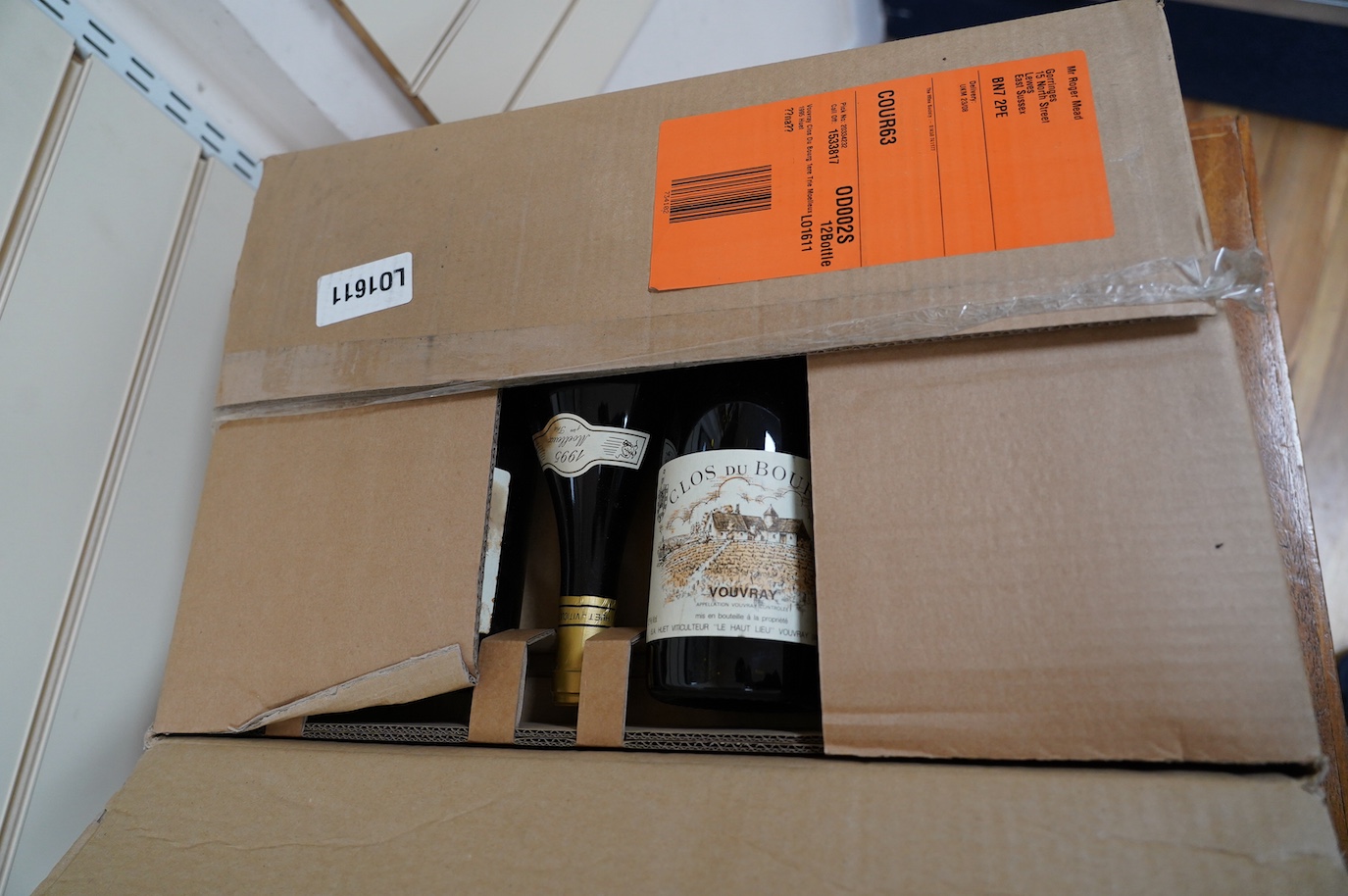 Two sealed cases of twelve bottles (twenty-four bottles) of 1995 Vouvray Clos Du Bourg, in cardboard boxes, purchased en primeur from The Wine Society. Condition - good.